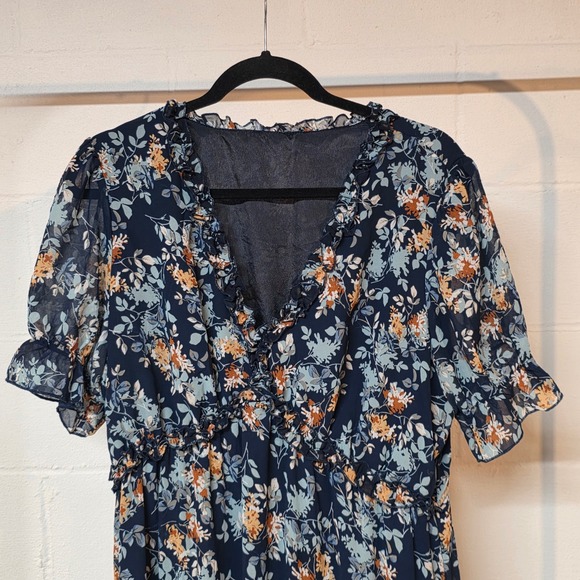 Floral Tiered Maxi Dress Navy Blue Brown Ruffle V-Neck Flutter Sleeve Size XL - Picture 4 of 10